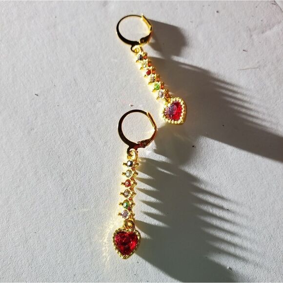 Red & Multi Colored Sapphire 18K Gold Drop Earrings 925 Sterling Silver Women's - Picture 3 of 7